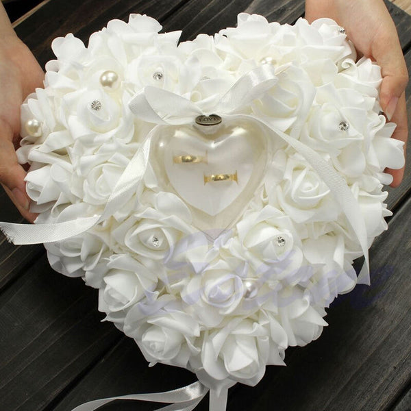 Heart-shape Valentine's Day Gift Ring Box Romantic Rose Flowers Wedding Jewelry Case Ring Bearer Cushion Holder Decor /BY