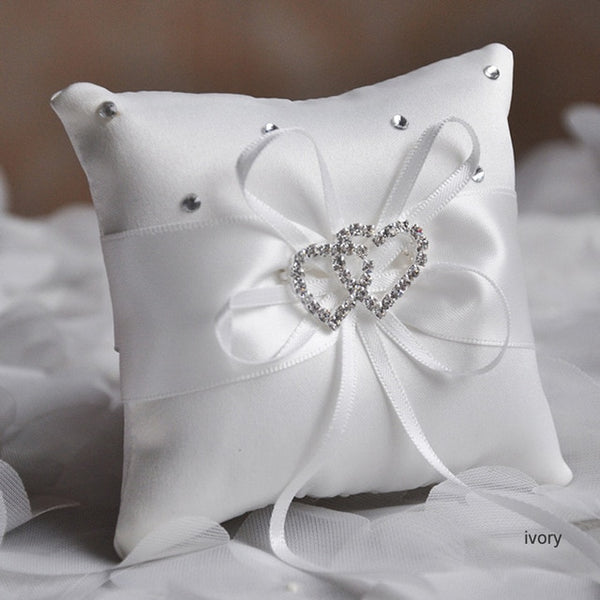 Drop Shipping European Wedding Decor Ring Pillow Double Heart White Red Blue Handmade Ribbon Bowknot Rhinestone Party Supplies