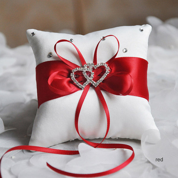 Drop Shipping European Wedding Decor Ring Pillow Double Heart White Red Blue Handmade Ribbon Bowknot Rhinestone Party Supplies