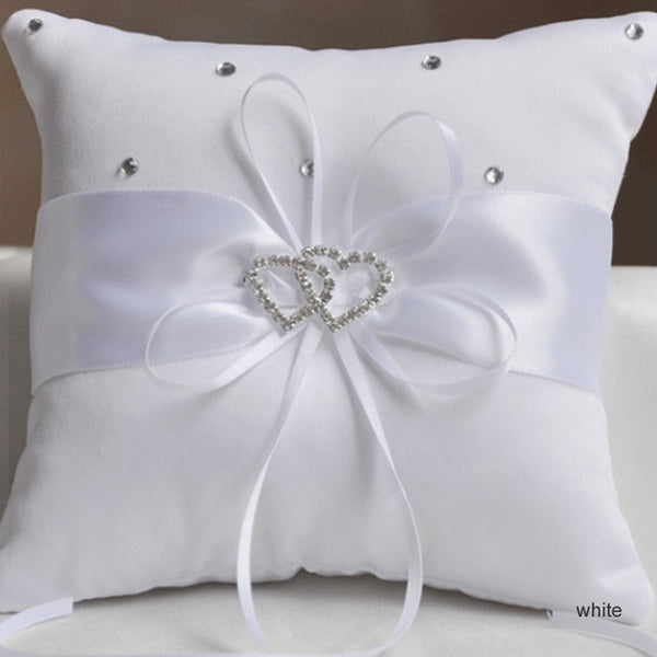 Drop Shipping European Wedding Decor Ring Pillow Double Heart White Red Blue Handmade Ribbon Bowknot Rhinestone Party Supplies