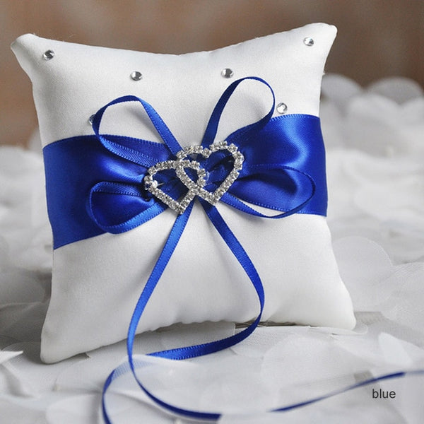 Drop Shipping European Wedding Decor Ring Pillow Double Heart White Red Blue Handmade Ribbon Bowknot Rhinestone Party Supplies