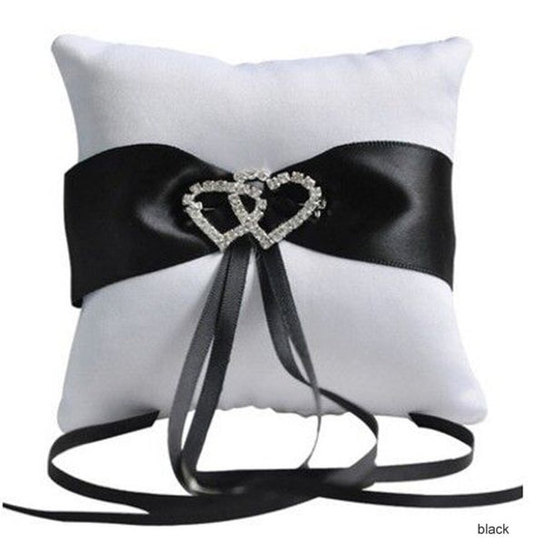 Drop Shipping European Wedding Decor Ring Pillow Double Heart White Red Blue Handmade Ribbon Bowknot Rhinestone Party Supplies