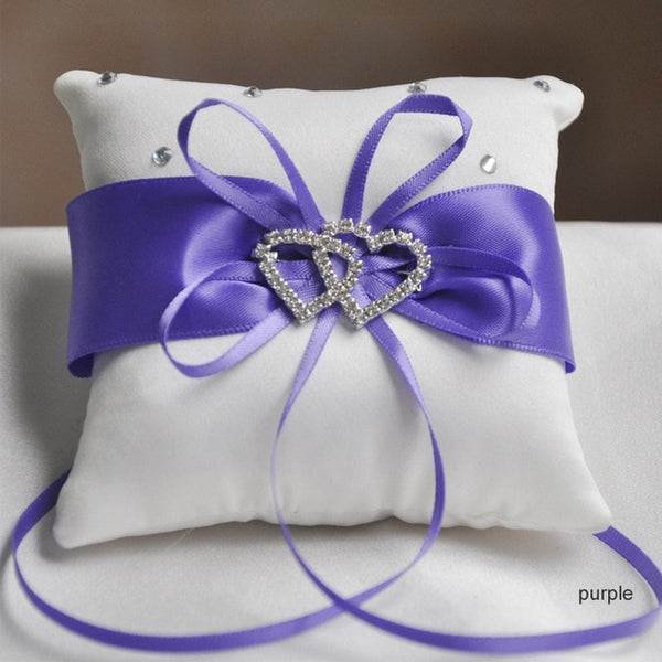 Drop Shipping European Wedding Decor Ring Pillow Double Heart White Red Blue Handmade Ribbon Bowknot Rhinestone Party Supplies