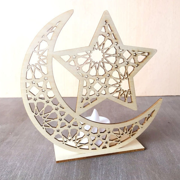 Ramadan Eid Mubarak Decorations for Home Moon LED Candles Light Wooden Plaque Hanging Pendant Islam Muslim Event Party Supplies